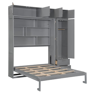 English Elm Queen Murphy Bed with Integrated Desk Cabinet Shelves Space Saving Studio Solution Gray N708S00022E-2