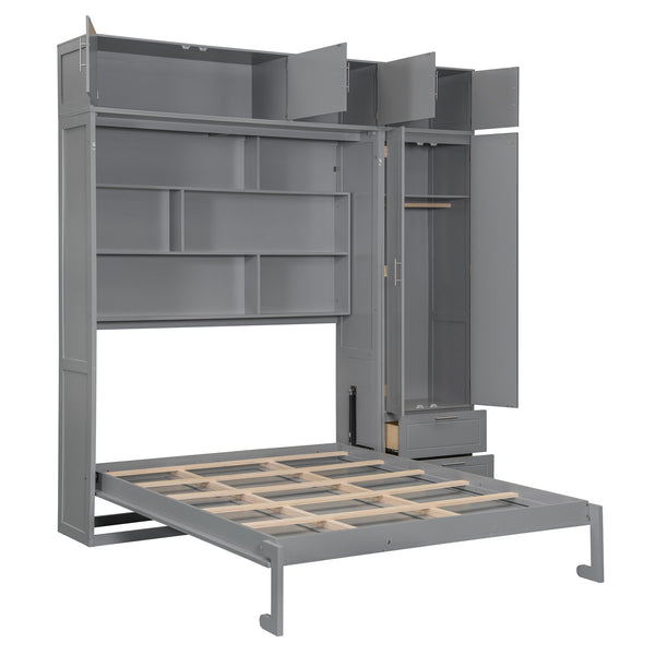 English Elm Queen Murphy Bed with Integrated Desk Cabinet Shelves Space Saving Studio Solution N708S00022E-1