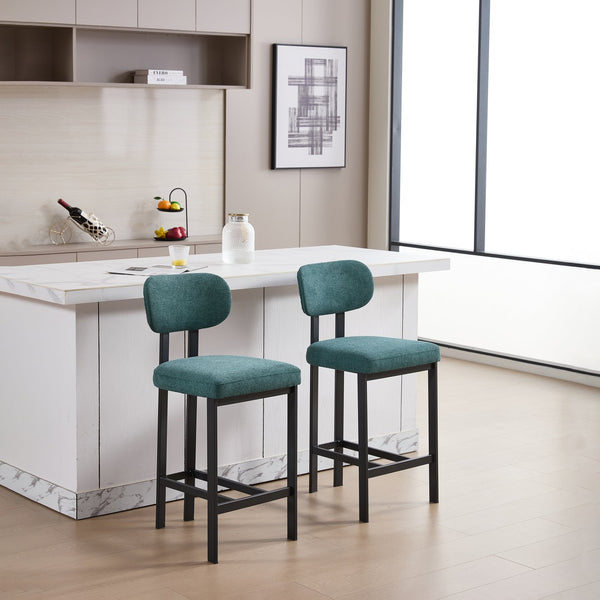 English Elm Bar Stools Set of 2 Upholstered Fabric Seat with Foam Cushion Black Metal Legs W3244P310204