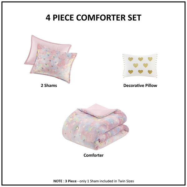 JLA Home Mi Zone - Metallic Rosalie Plush Comforter Set with Gold Heart Accents, Hypoallergenic OEKO-TEX, Machine Washable Pink Multi/Gold MZ10-0655