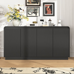 English Elm Black Fluted Wave Door Media Console with Built-in Power Outlet and Adjustable Shelving Black W409P452057