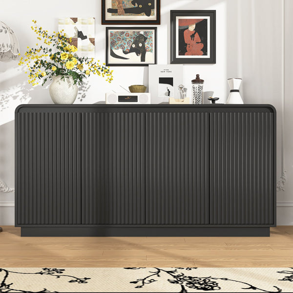 English Elm Black Fluted Wave Door Media Console with Built-in Power Outlet and Adjustable Shelving Black W409P452057