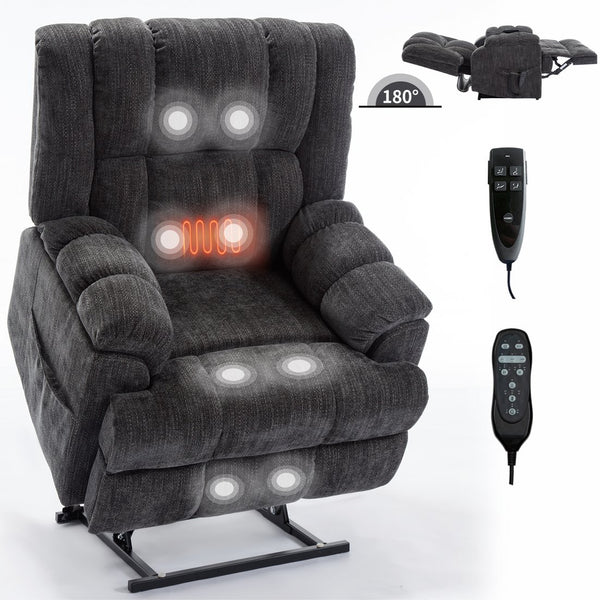 English Elm Dual Motor Power Lift Recliner Chenille Chair with Massage Heat and Infinite Positions Grey W3224P288492