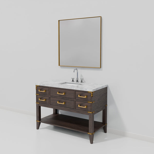 English Elm Brown Oak 48" Single Bath Vanity with Carrara Marble Top, Chrome Faucet & 46" Mirror, Hand-Sealed Finish B2731S02105