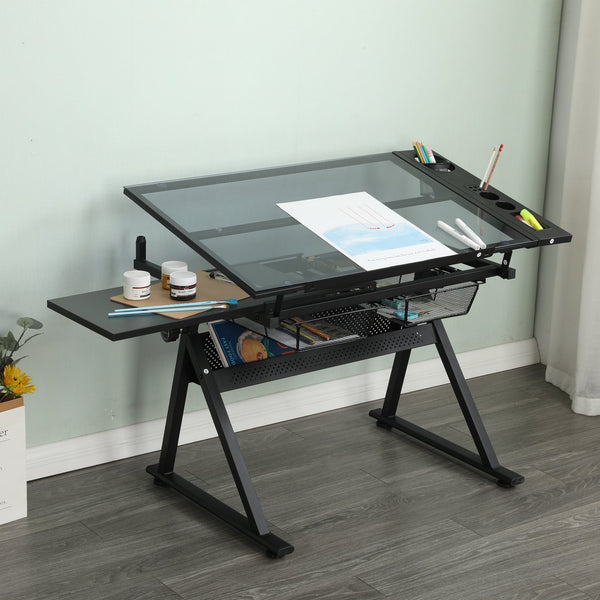 English Elm Drafting Table with Tempered Glass Top Tilt Adjustable Frame and Built in Storage Drawers W347P421209