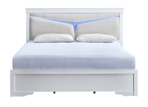 English Elm Lorana Queen Upholstered Bed Plush Teddy Fabric Headboard with Built-in Led Ambient Glow White B078S00669