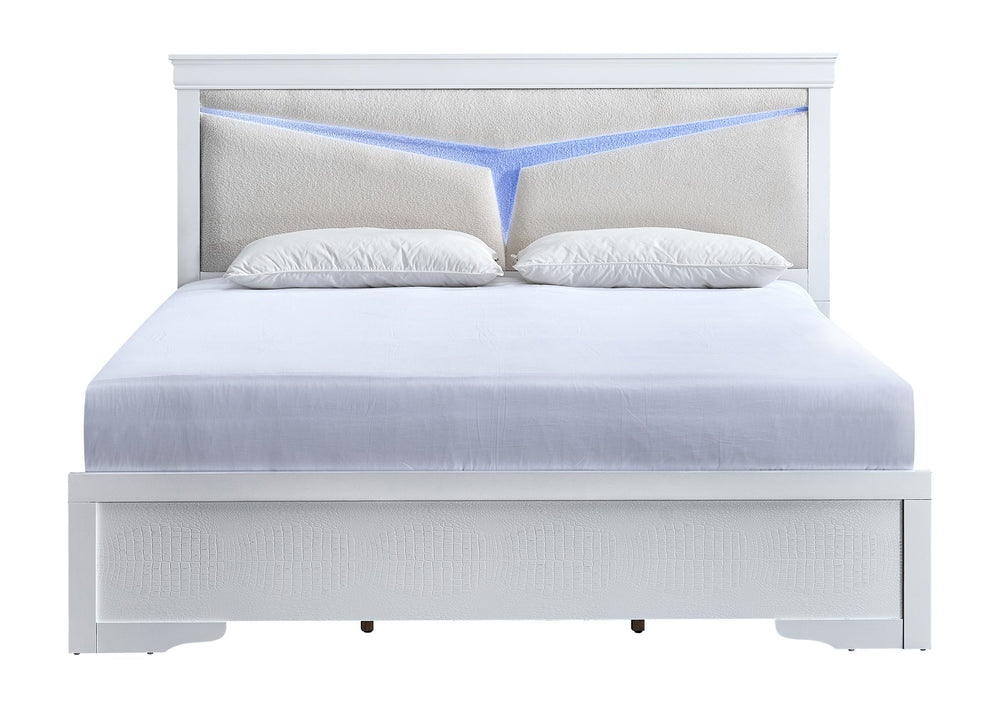 English Elm Lorana King Bed Teddy Bear Upholstered Headboard with Built in Led Ambient Light White B078S00670