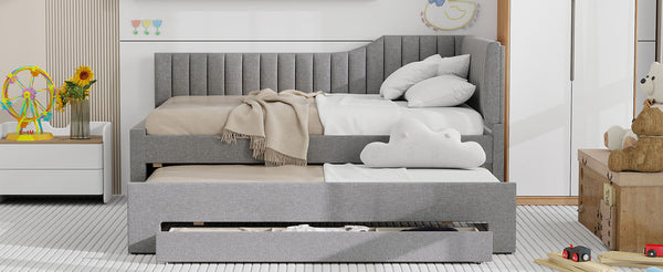 English Elm Full Upholstered Daybed with Trundle and Three Drawers, Linen-Blend Fabric, Space-Saving Guest Bed, Storage-Friendly Design Gray DL002058AAE