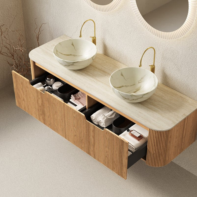English Elm Dina 60 Inch Floating Bathroom Vanity Sintered Stone Top Dual Glass Basins Wood Grain Beige,Natural Wood,White W2615S00701