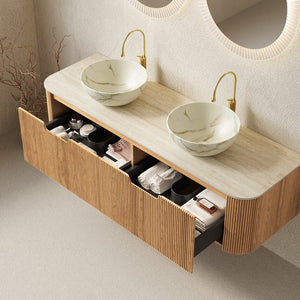 English Elm Dina 60 Inch Floating Bathroom Vanity Sintered Stone Top Dual Glass Basins Wood Grain Beige,Natural Wood,White W2615S00701