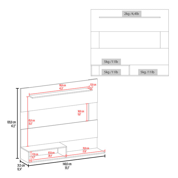 English Elm FM Irmo Wall-Mounted Entertainment Center with Shelves — Space-Saving Modern TV Panel and Display Shelf for Organized Living Room Decor White 61 L x 22 W x 4 H B128P283290