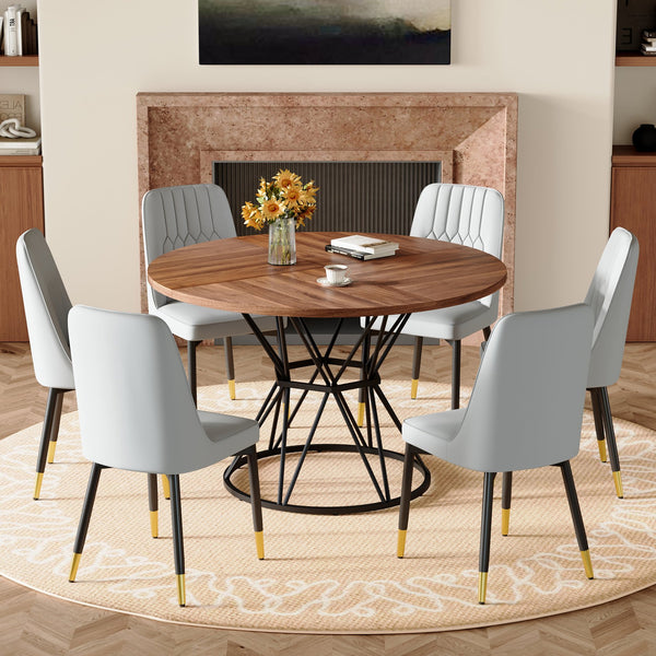 English Elm Table Set Oval Tempered Glass Top with Six Brown Fabric Chairs for Modern Dining W1151S04840