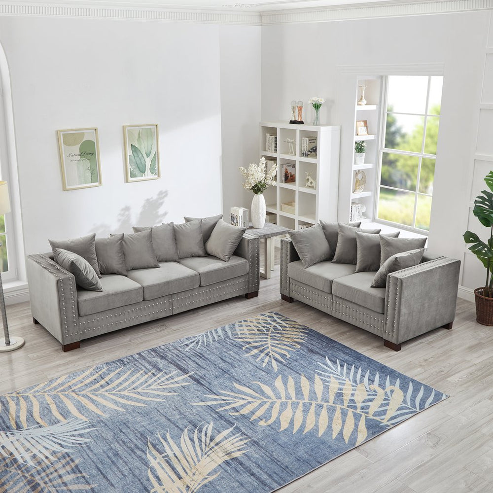 English Elm Modern Velvet Sofa Set 2+3 Seater With Square Armrests & Silver Nailhead Trim For Stylish Comfort W1097S00191