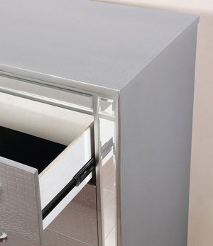 English Elm 2 Drawers Nightstand With Mirror Trim, Textured Silver Finish & Elegant Bun Feet For Modern Spaces B016P252337