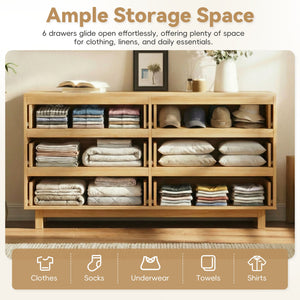 English Elm 60" Wave Front Six Drawer Dresser Sculptural Engineered Wood Media Console for Bedroom Oak N739S0000011N