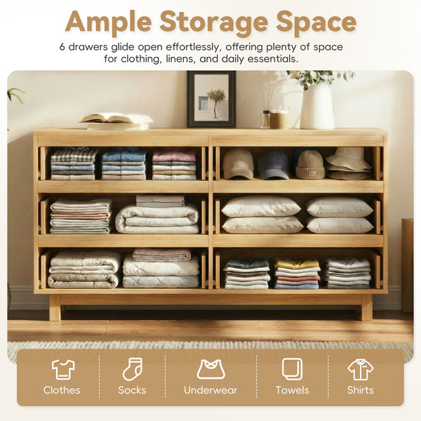 English Elm 60" Wave Front Six Drawer Dresser Sculptural Engineered Wood Media Console for Bedroom Oak N739S0000011N