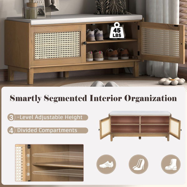English Elm Trexm Bohemian Rattan Storage Bench Cushioned Seat Shoe Cabinet for Entryway N715P308012D