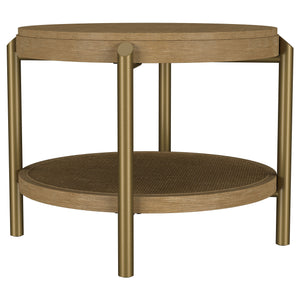 English Elm Benson Round End Table with Woven Rattan Shelf and Aged Brass Legs for Living Room B062P440109