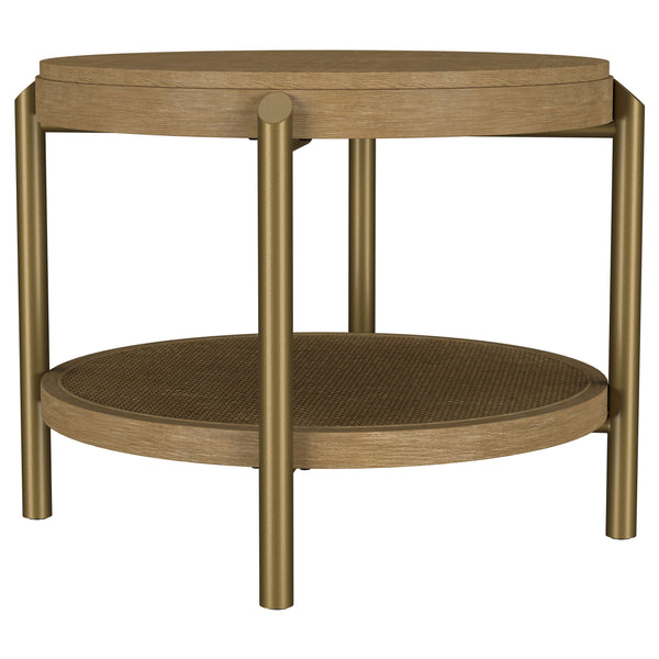 English Elm Benson Round End Table with Woven Rattan Shelf and Aged Brass Legs for Living Room B062P440109
