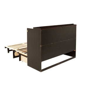 English Elm Queen Size Murphy Bed - Elegant Pine Cabinet With Rattan Accents, Espresso Finish & Storage Drawer W504S00230-GIGA