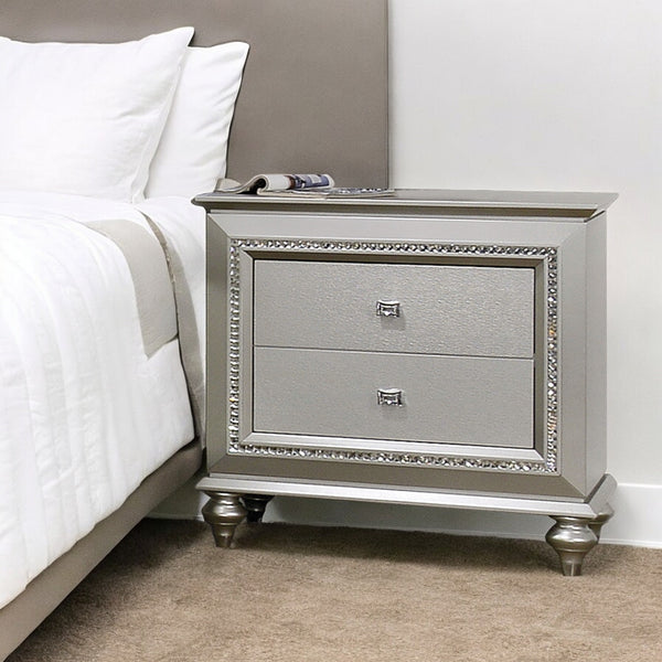 English Elm Champagne Crystal-Trim Nightstand with 2 Soft-Glide Drawers, Glamorous Solid Wood Accent Table, 30" B062P215406
