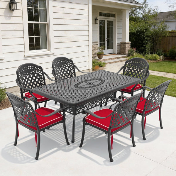 English Elm 7-piece Cast Aluminum Outdoor Dining Set Ornate Carved Patio Furniture Weather Resistant W1710S00642