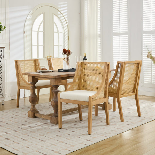English Elm Rattan Solid Wood Dining Chair with Linen Seat and Decorative Armrests, Rustic Natural Finish Beige W1143P335052