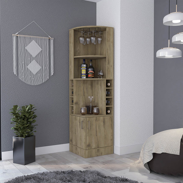 English Elm Seattle Floor Tower Bar Cabinet with Wine Cubbies Open Shelves Slim Dining Storage B128P460118