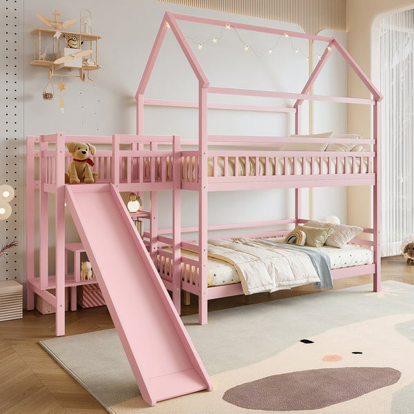 English Elm Full Bunk Bed with Trundle Bookshelf Storage Pine Frame Car Design for Kids Pink W1580S00304