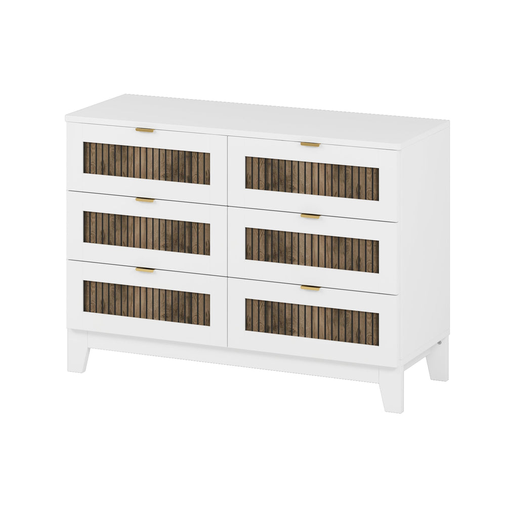 English Elm Rustic Farmhouse Wooden Dresser with 6 Drawers and Metal Handles — Spacious Storage, Stylish Bedroom Accent White 52.17 L x 18.5 W x 11.81 H WF530908AAK