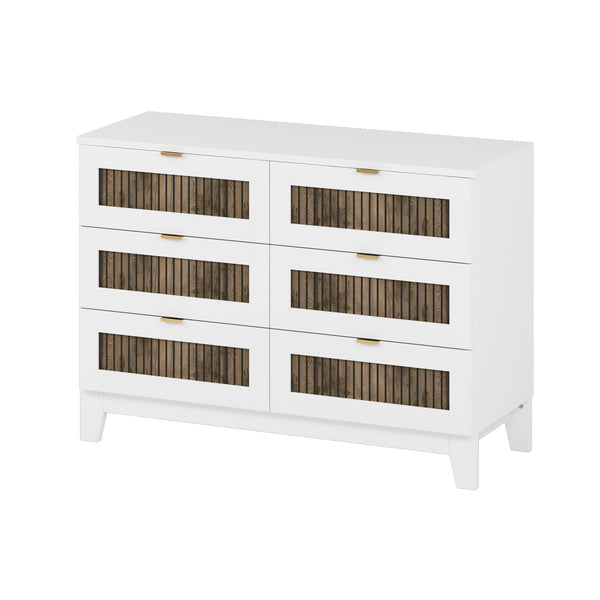 English Elm Rustic Farmhouse Wooden Dresser with 6 Drawers and Metal Handles — Spacious Storage, Stylish Bedroom Accent White 52.17 L x 18.5 W x 11.81 H WF530908AAK