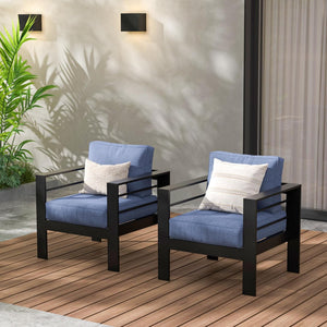 English Elm 2-pack Outdoor Cast Aluminum Armchairs with Uv Resistant Olefin Cushions for Patio Black+Blue B082P454970