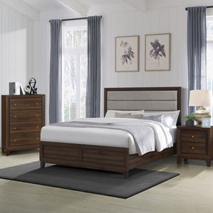 English Elm Anza Eastern King Bed with Taupe Panel Headboard and Warm Walnut Wood Frame B062S01773