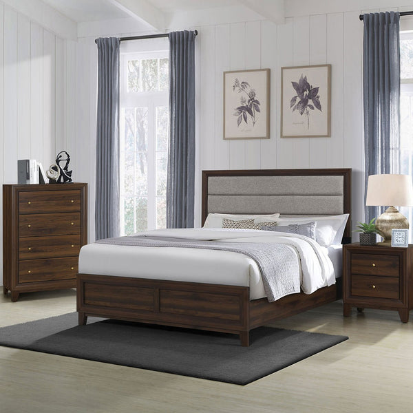 English Elm Anza Eastern King Bed with Taupe Panel Headboard and Warm Walnut Wood Frame B062S01773