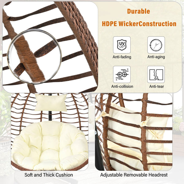 English Elm U_style Wicker Hanging Egg Chair with Stand Foldable Indoor Outdoor Swing Seat Brown+Beige N711P389502K