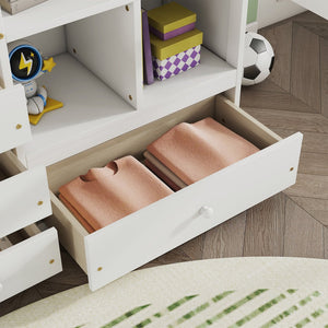 English Elm Full Size Loft Bed With Integrated Desk, Storage Shelves, Drawers & Safe Ladder - Stylish & Space-Saving W504S00161
