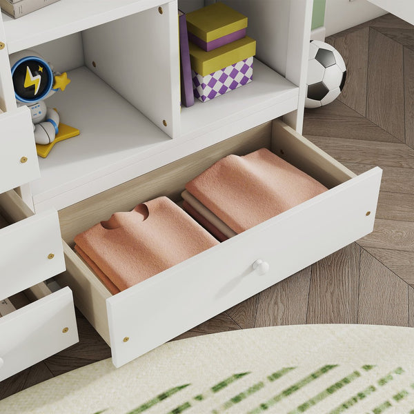 English Elm Full Size Loft Bed With Integrated Desk, Storage Shelves, Drawers & Safe Ladder - Stylish & Space-Saving W504S00161