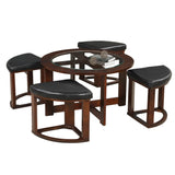 English Elm Cylina Solid Wood Glass Top Round Table Set, Coffee Table With 4 Stools