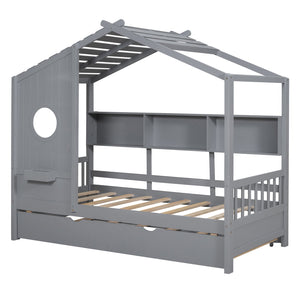 English Elm Wooden Twin House Bed with Trundle and 3 Back Shelves, Pine Frame Playful Loft Design for Kids Gray 41.7 L x 16.25 W x 6 H N733S316110E