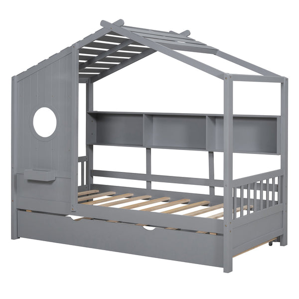 English Elm Wooden Twin House Bed with Trundle and 3 Back Shelves, Pine Frame Playful Loft Design for Kids Gray 41.7 L x 16.25 W x 6 H N733S316110E