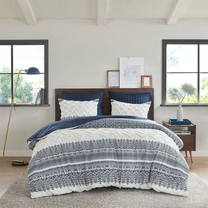 English Elm Full/Queen Mila 3 Piece Cotton Duvet Cover Set with Navy Botanical Print, Chenille Tufting & OEKO-TEX Comfort B035129137