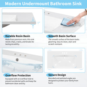 English Elm [Sink 36x18" Rectangular 3-Hole Resin Bathroom Sink, 4" Center Set, Durable White Vanity Top, Fits Standard Drain WF316073AAK