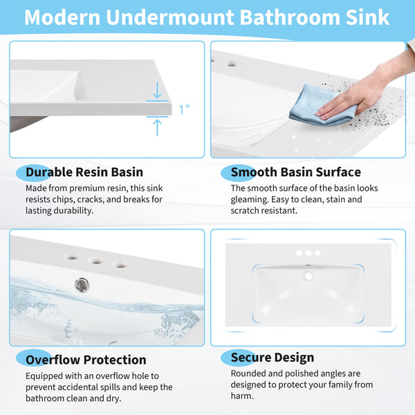 English Elm [Sink 36x18" Rectangular 3-Hole Resin Bathroom Sink, 4" Center Set, Durable White Vanity Top, Fits Standard Drain WF316073AAK