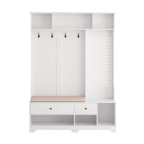 English Elm Multi-purpose Hallway Hall Tree with Linen Cushion Bench, Pegboard, Hooks, Drawers & Shoe Storage White W757P196820