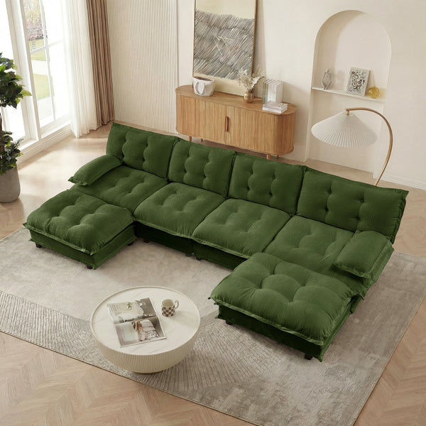 English Elm 138" U-shaped Chenille Cloud Sectional with Ottomans Deep Seat Modular Living Room Sofa Green W714S01733