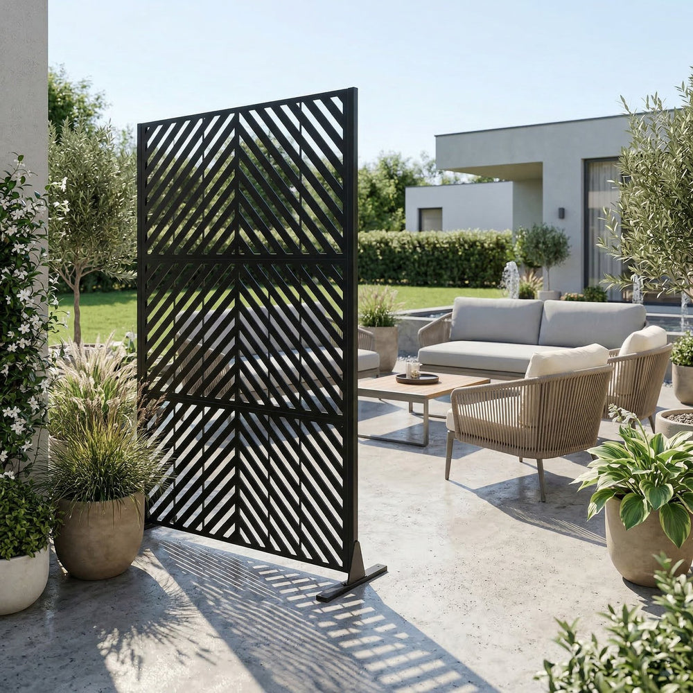 English Elm Metal Freestanding Privacy Screen Geometric Powder Coated Outdoor Patio Divider Panel W347P421269