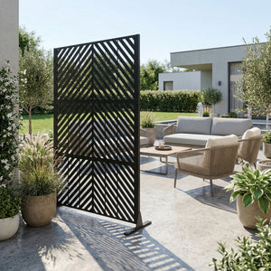 English Elm Metal Freestanding Privacy Screen Geometric Powder Coated Outdoor Patio Divider Panel W347P421269