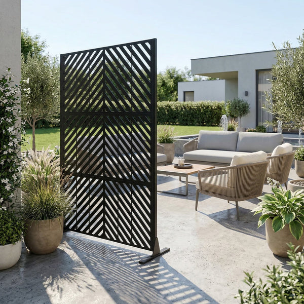 English Elm Metal Freestanding Privacy Screen Geometric Powder Coated Outdoor Patio Divider Panel W347P421269
