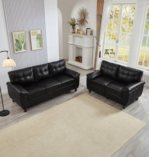 English Elm 2 Piece Pu Leather Sofa Set Tufted Cushions Hidden Storage Modern Living Room Black W1097S00249