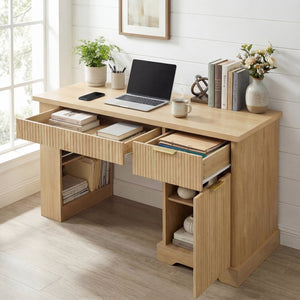 English Elm 55" Fluted White Computer Desk with Power Outlet Pegboard Cabinet and Keyboard Tray W2917P396017